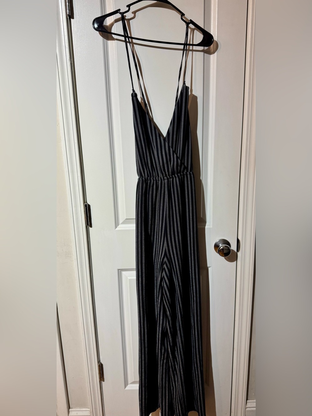 She + Sky Black Striped Strapless V-Neck Jumpsuit
